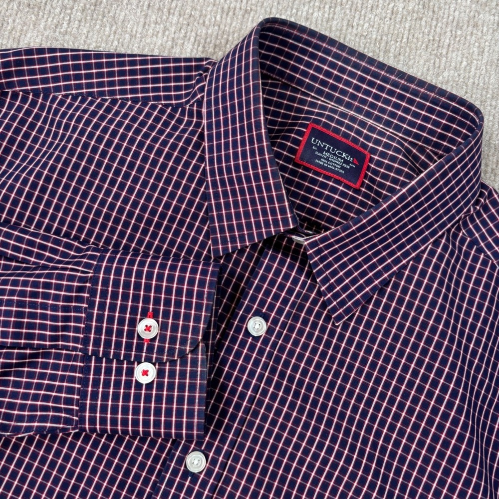 UNTUCKit Graach Slim Fit Navy Red Checkered Button Down Shirt Men's Size Medium